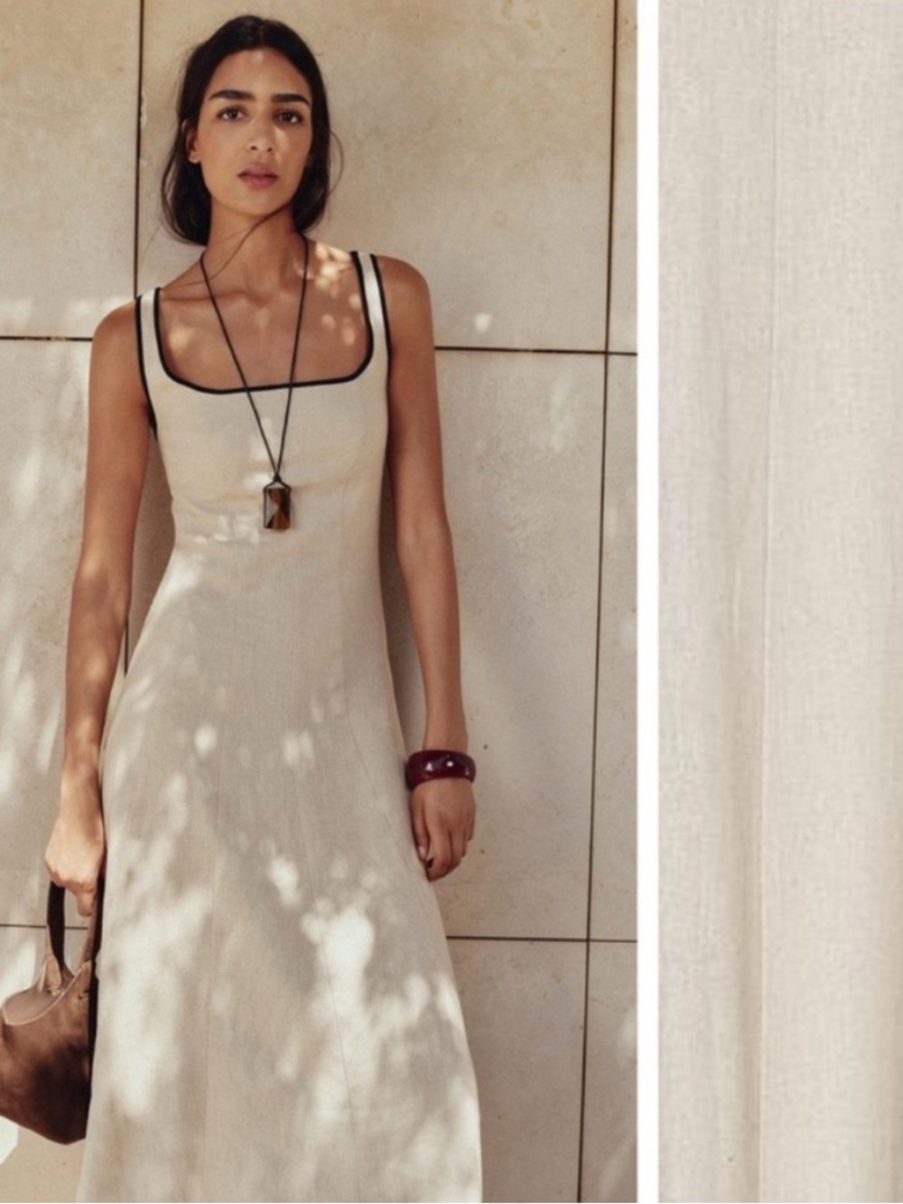 Zara Cream Midi Dress with Black Trim